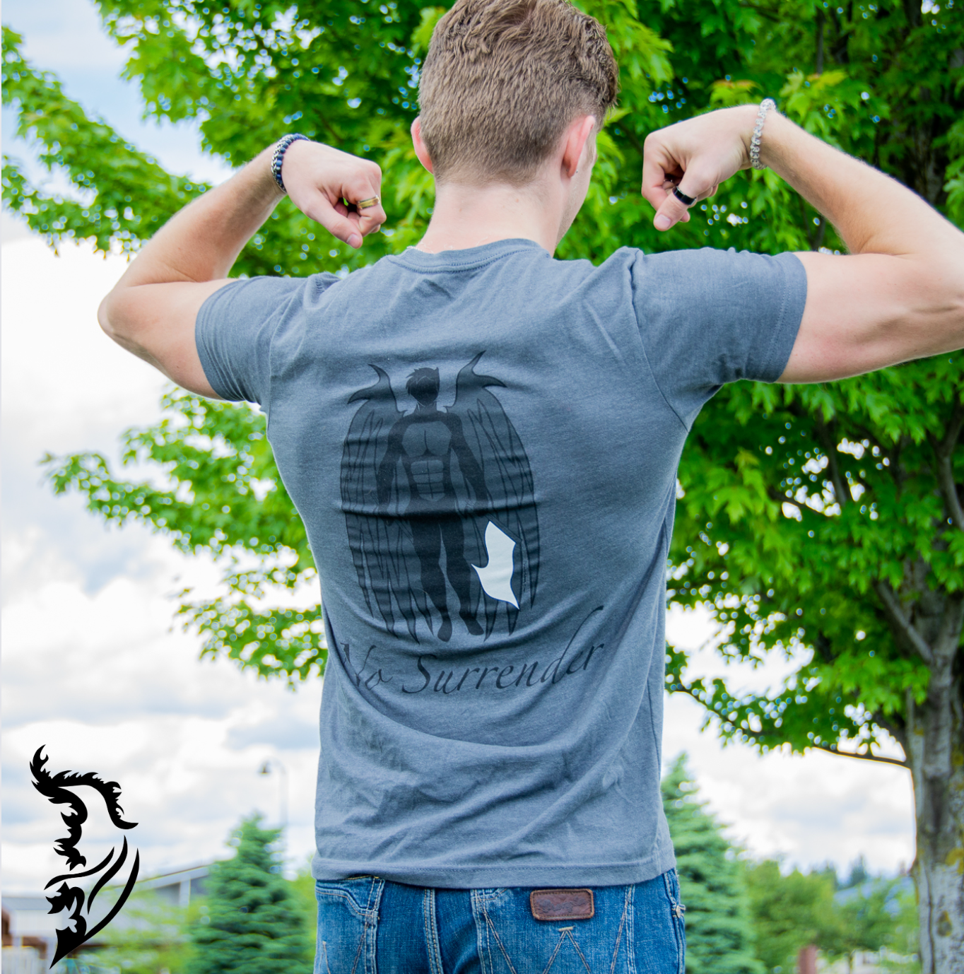 T-shirt featuring hand-drawn, inspiring 'No Surrender' design. Showcases bold artwork symbolizing confidence, perseverance, and resilience. Perfect for those seeking art-inspired, motivational apparel."