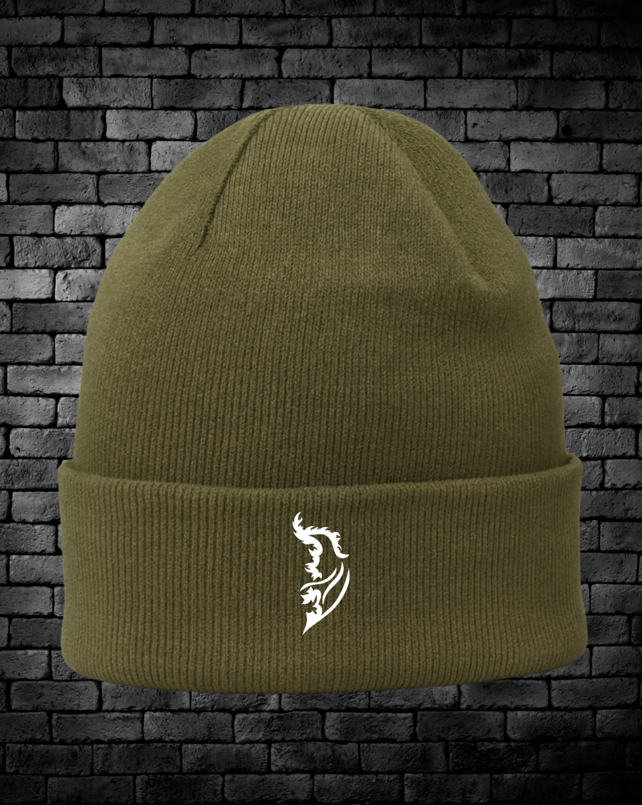 Olive Beanie with White Angel Wing Logo on front