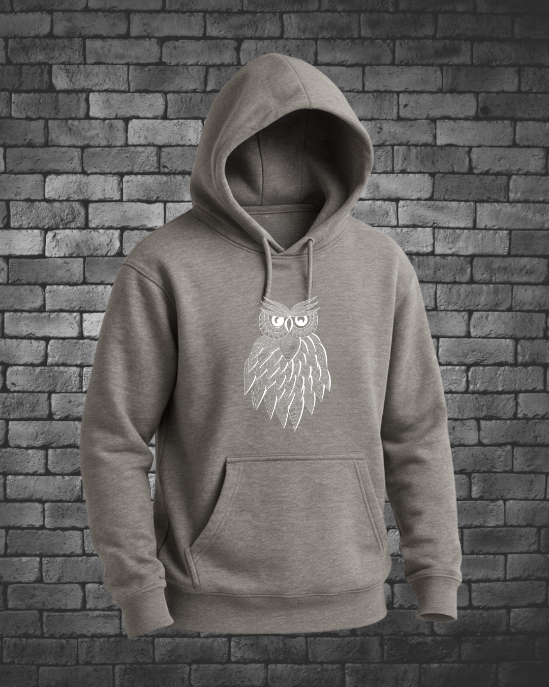 White Hand-drawn Lined Owl on front center chest