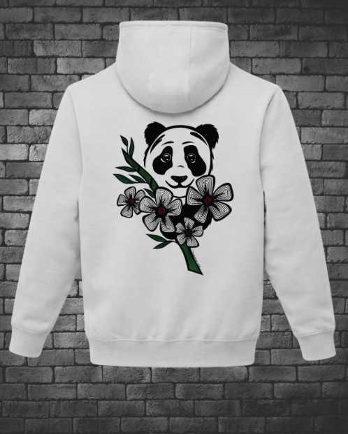 Dove Grey Panda Hoodie featuring a hand-drawn black outline of a panda surrounded by flowers with red centers and green leaves.