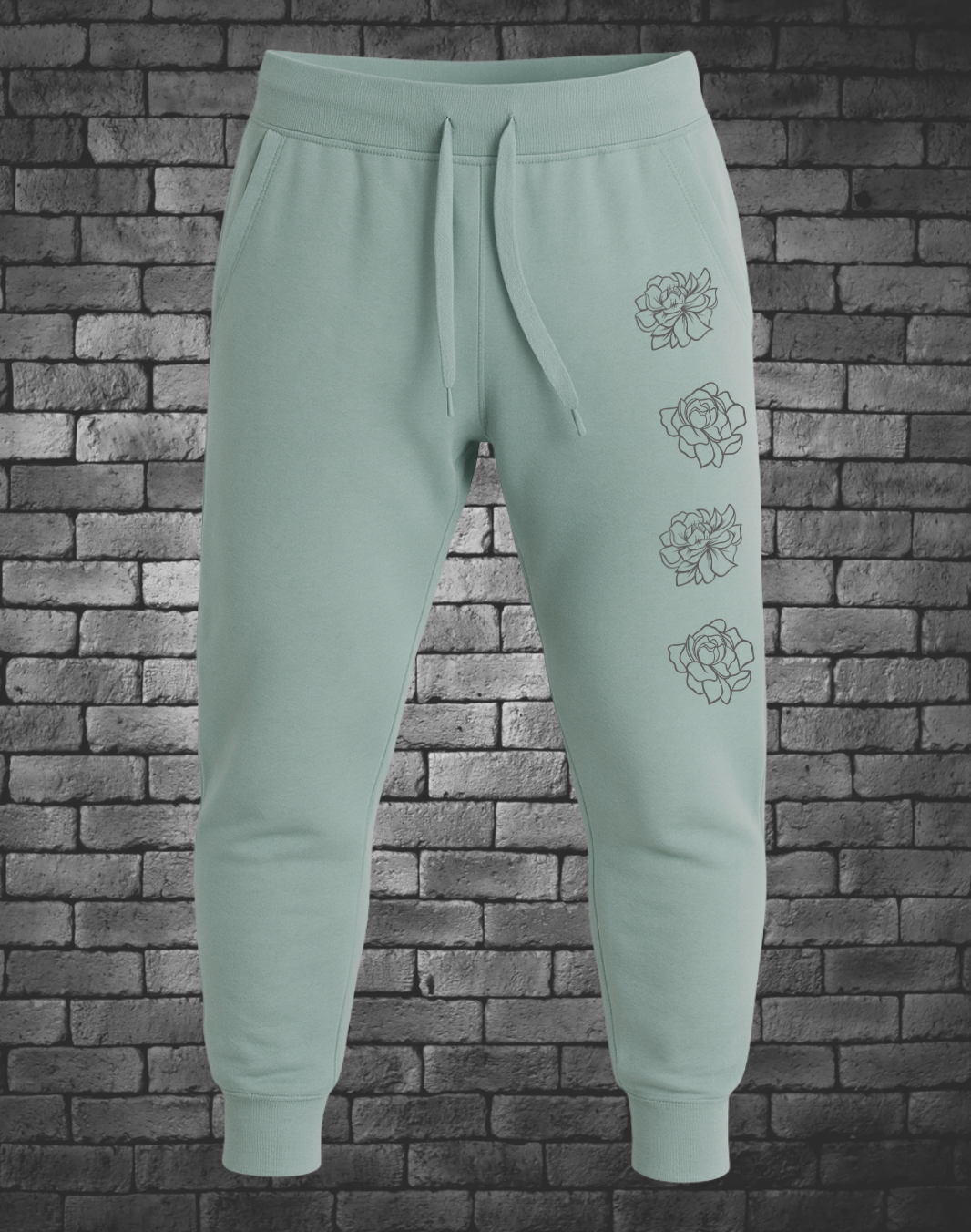 Hand-drawn Peonies down left side of front leg in grey