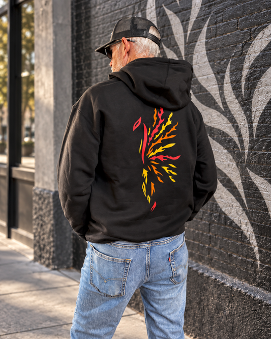 A 6'1", 190 lb model wears an XL black Phoenix hoodie, showing the large red, orange, and yellow phoenix hand-drawn design on the back.