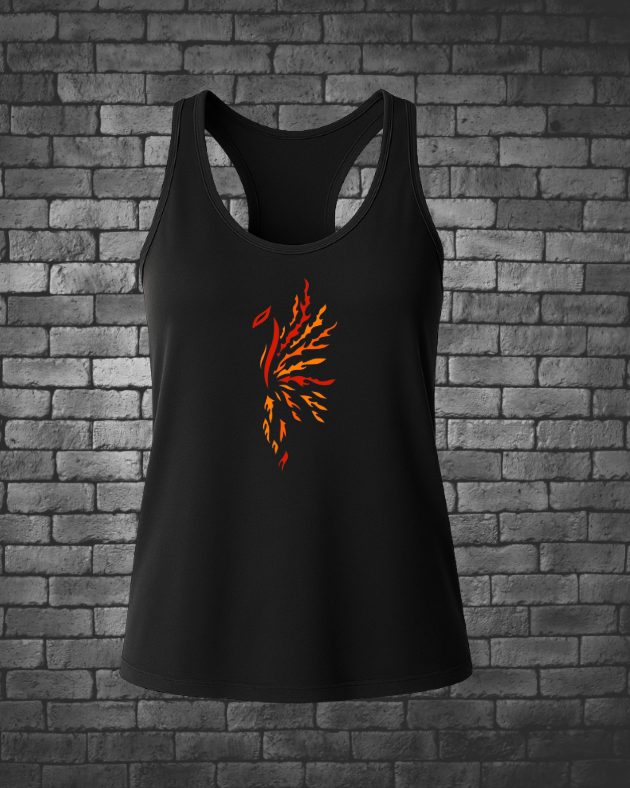 Hand-drawn Phoenix on front center chest Colors are red, orange and yellow