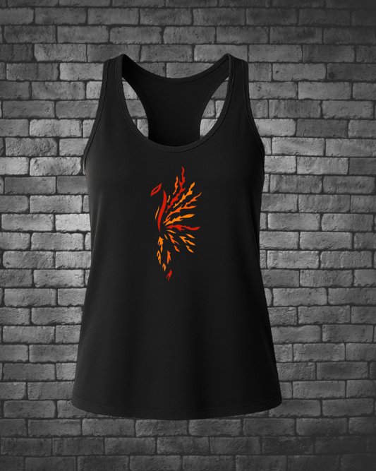 Hand-drawn Phoenix on front center chest Colors are red, orange and yellow