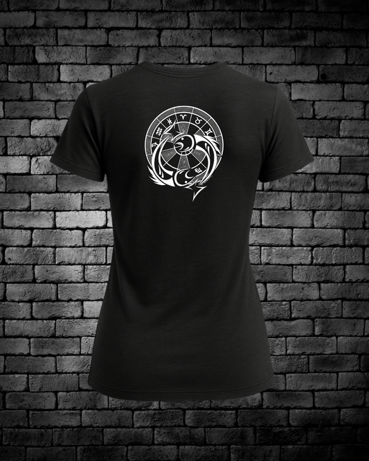Black Ladies T-Shirt with Hand-drawn Pisces Design on back