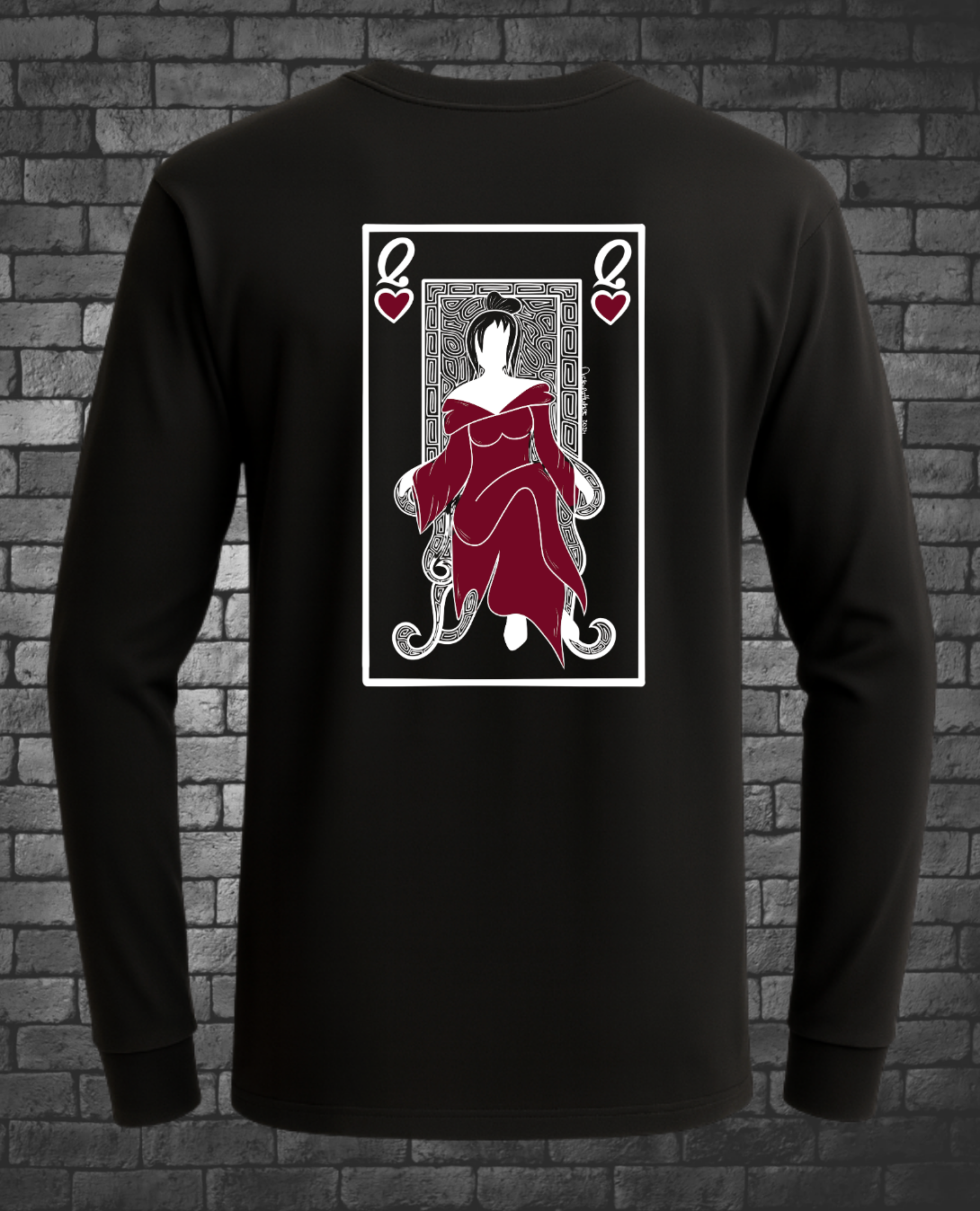 Hand-drawn Queen of Hearts with lady in red sitting in throne with playing card background
