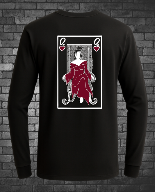 Hand-drawn Queen of Hearts with lady in red sitting in throne with playing card background