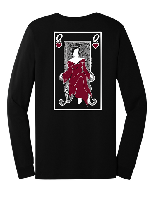 Queen dressed in red sitting on a throne. The letter "Q" above red heart. 