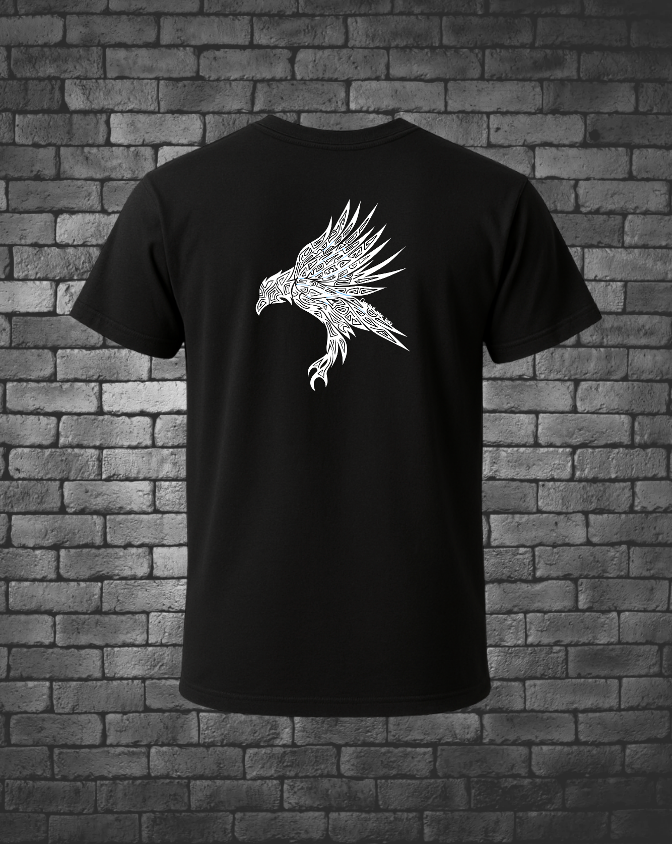 White Hand-drawn Raven on back center of men's T-Shirt