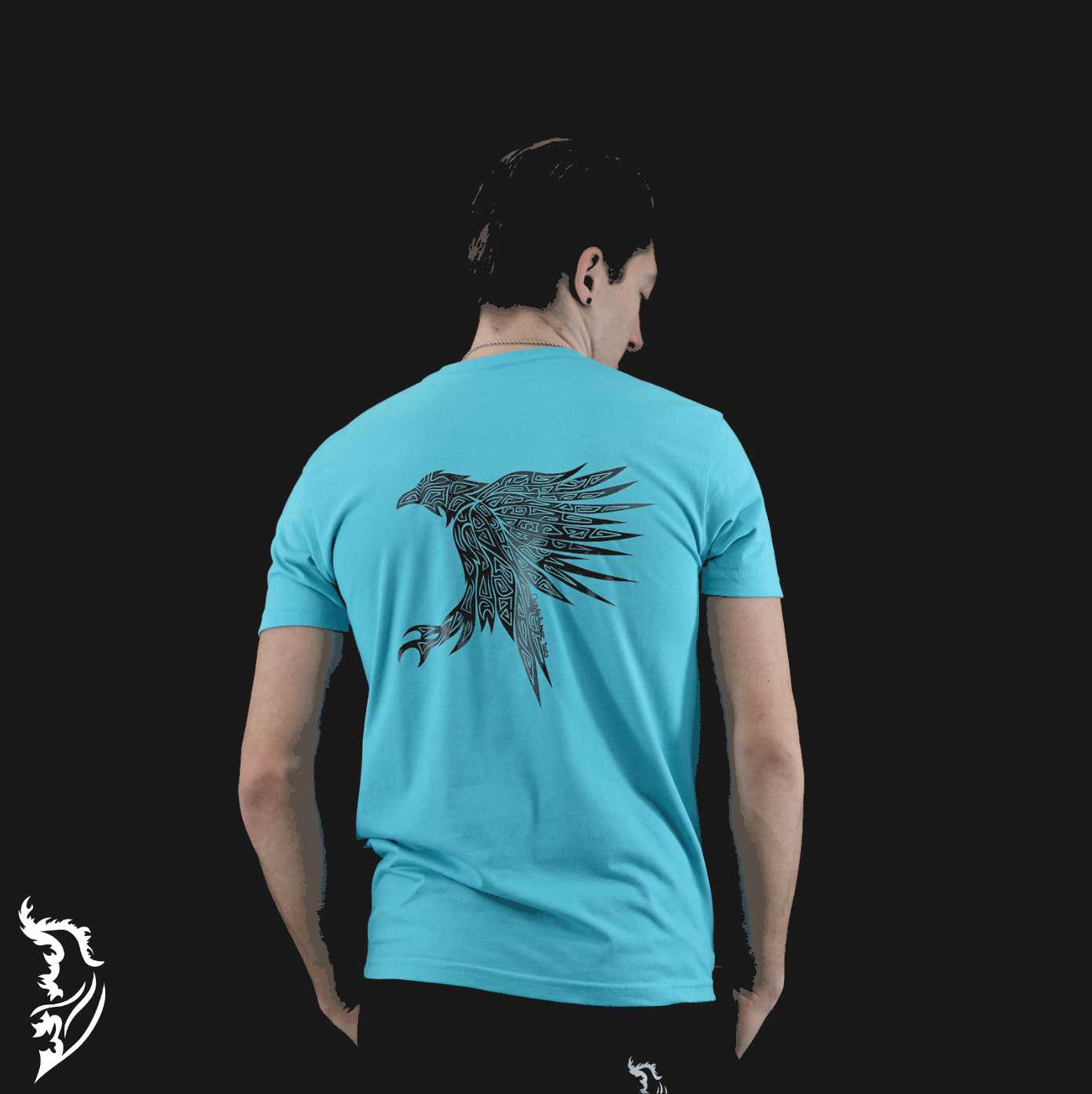 Dark Grey Hand-drawn Raven on back center of men's T-Shirt