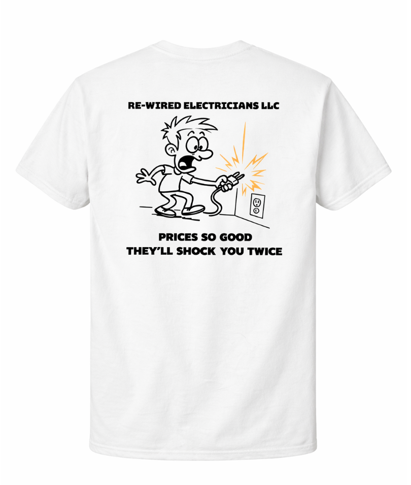 Re-Wired Electricians LLC funny electrician men’s t-shirt back design on white background