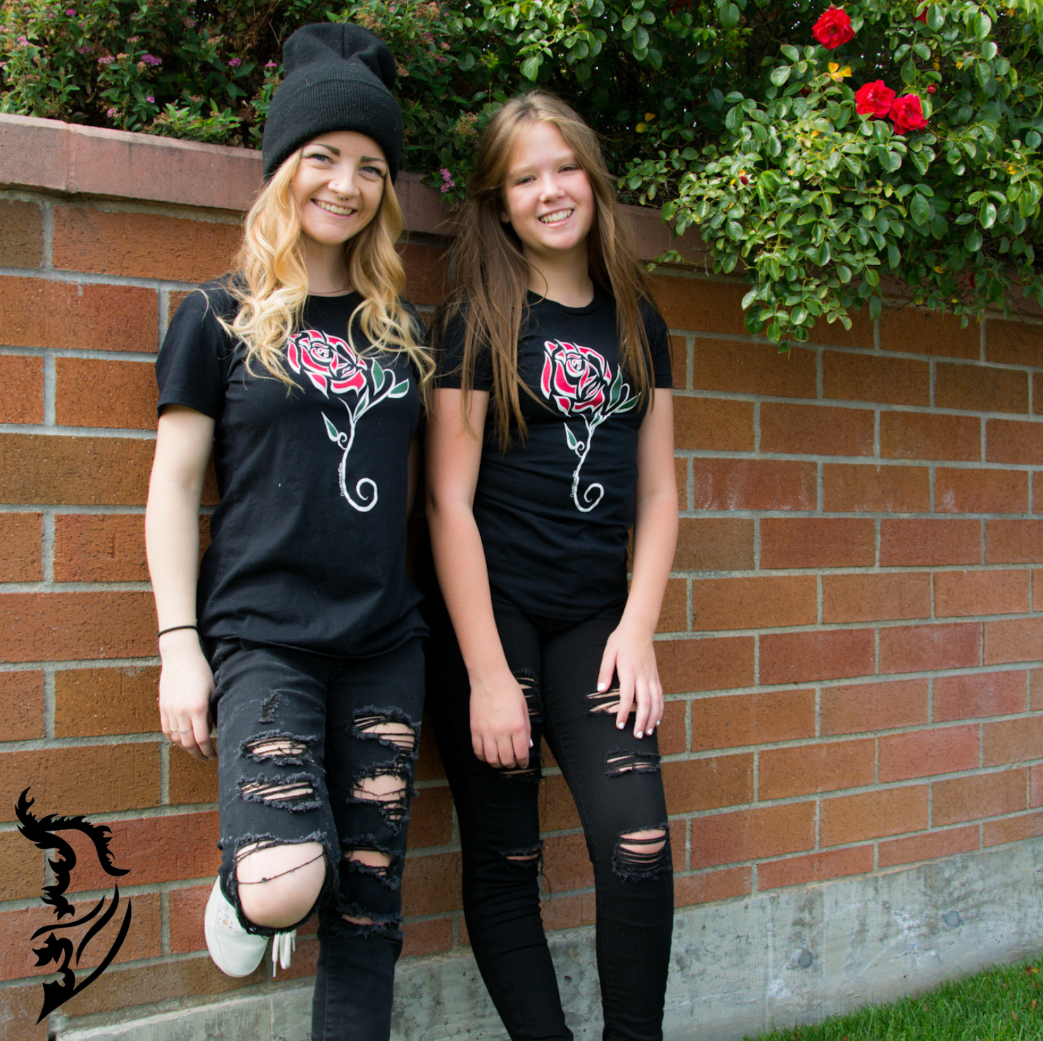 Hand-drawn Red Rose on front center of t-shirt