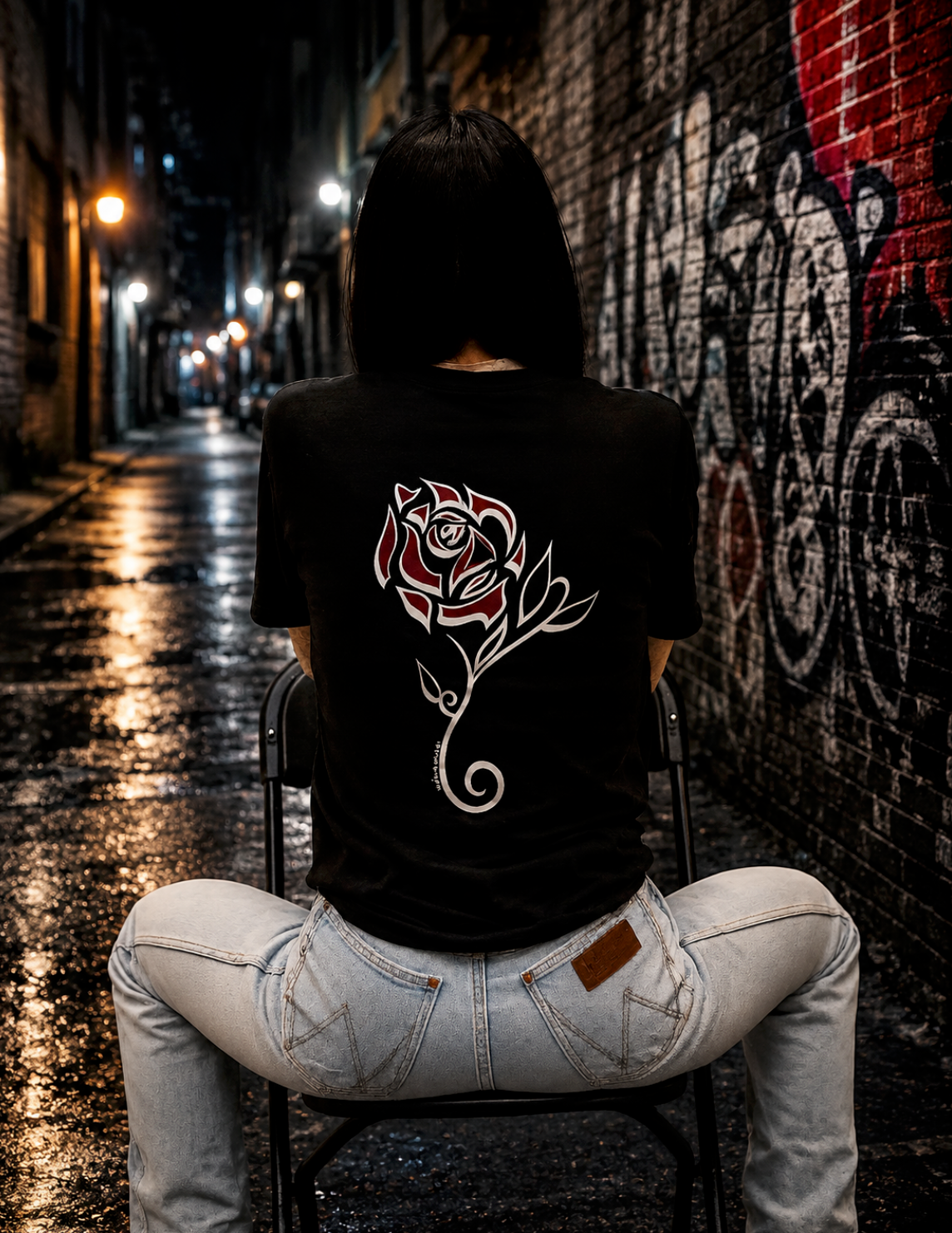 Back view of a person seated on a black folding chair in a dimly lit urban alley at night, wearing a black T-shirt featuring a large hand-drawn red and white rose graphic on the back. Graffiti-covered brick walls and reflections on the wet pavement create a dramatic streetwear backdrop.