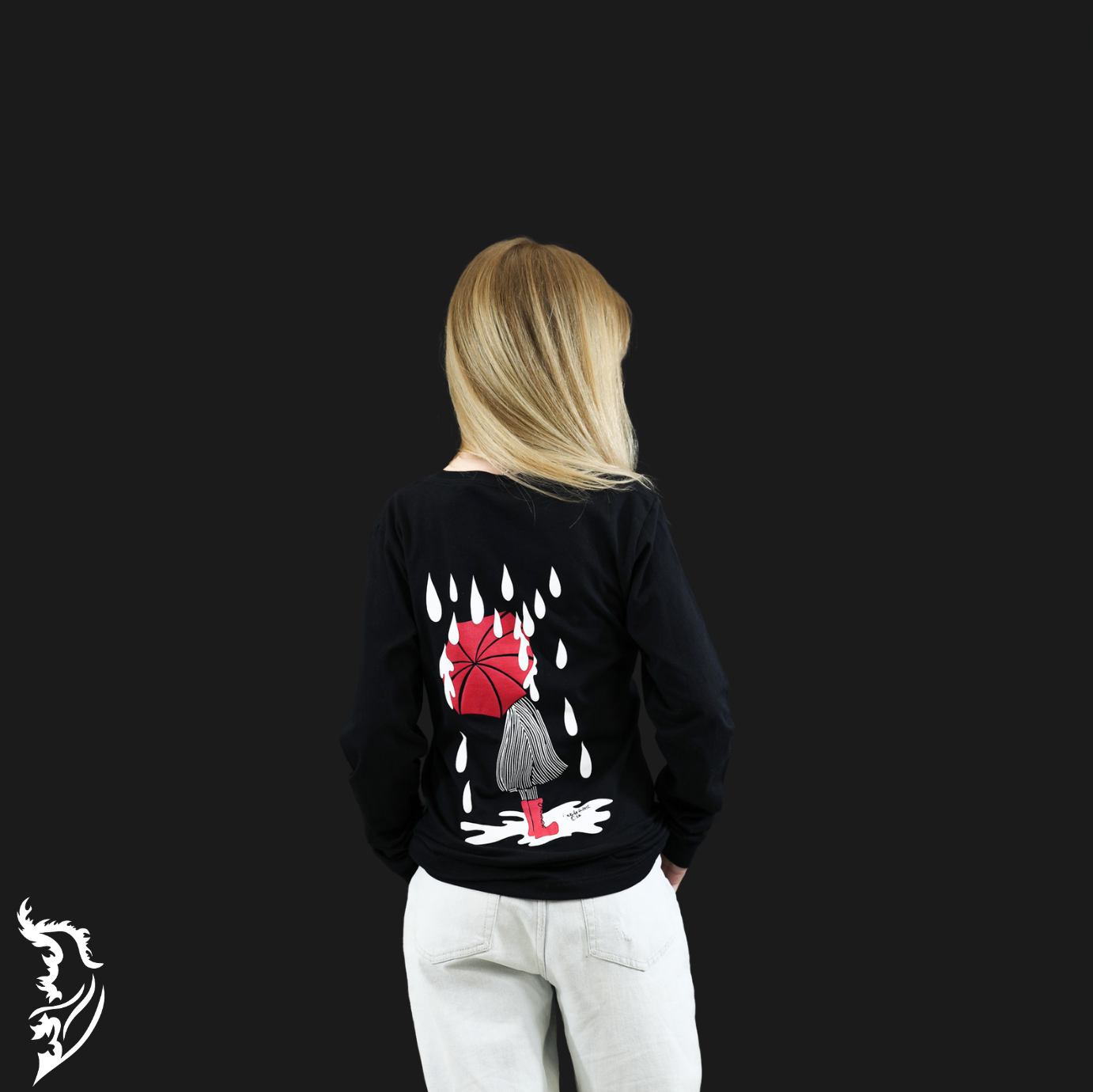 Hand-drawn Lady with Red Umbrella standing in puddle with rain drops surrounding her on black long sleeve t-shirt