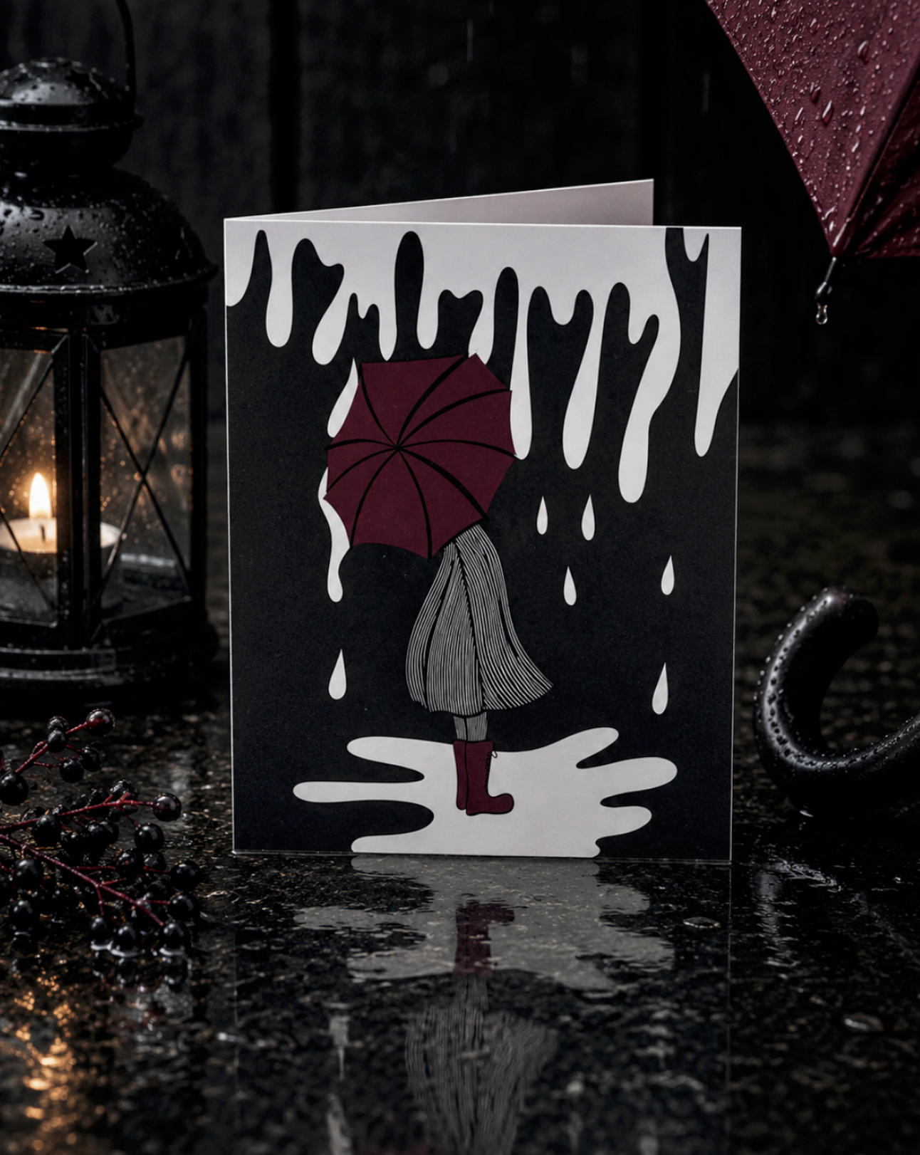 I always loved the paintings with the red umbrella and a black and white background. Now we have our own version.