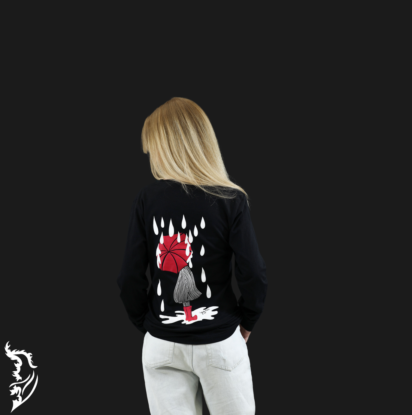 Hand-drawn Lady with Red Umbrella standing in puddle with rain drops surrounding her on black long sleeve t-shirt