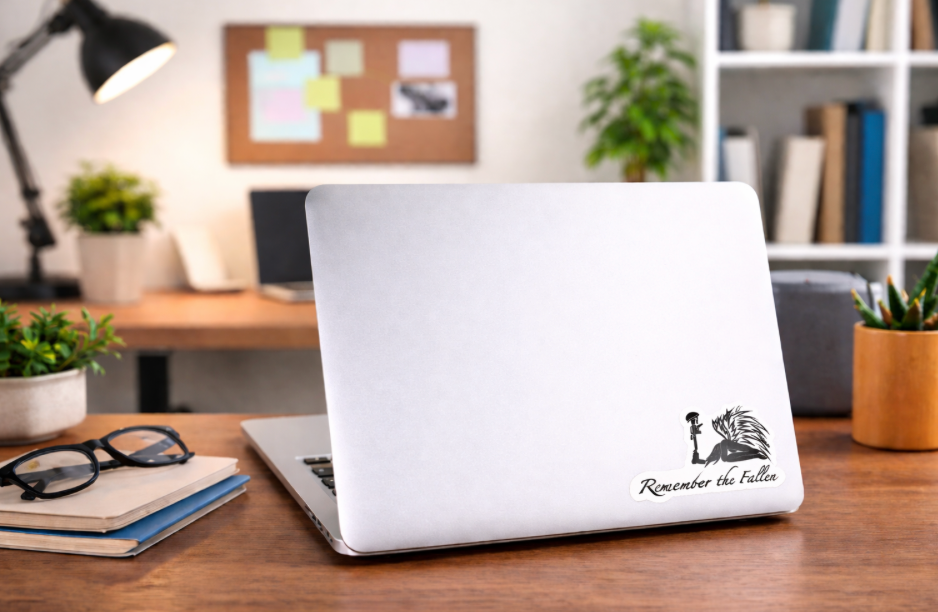 Black-and-white “Remember the Fallen” memorial sticker displayed on the lower right corner of laptop.The design features a kneeling angel with detailed wings beside a rifle topped with a helmet, with the words “Remember the Fallen” written beneath. 
