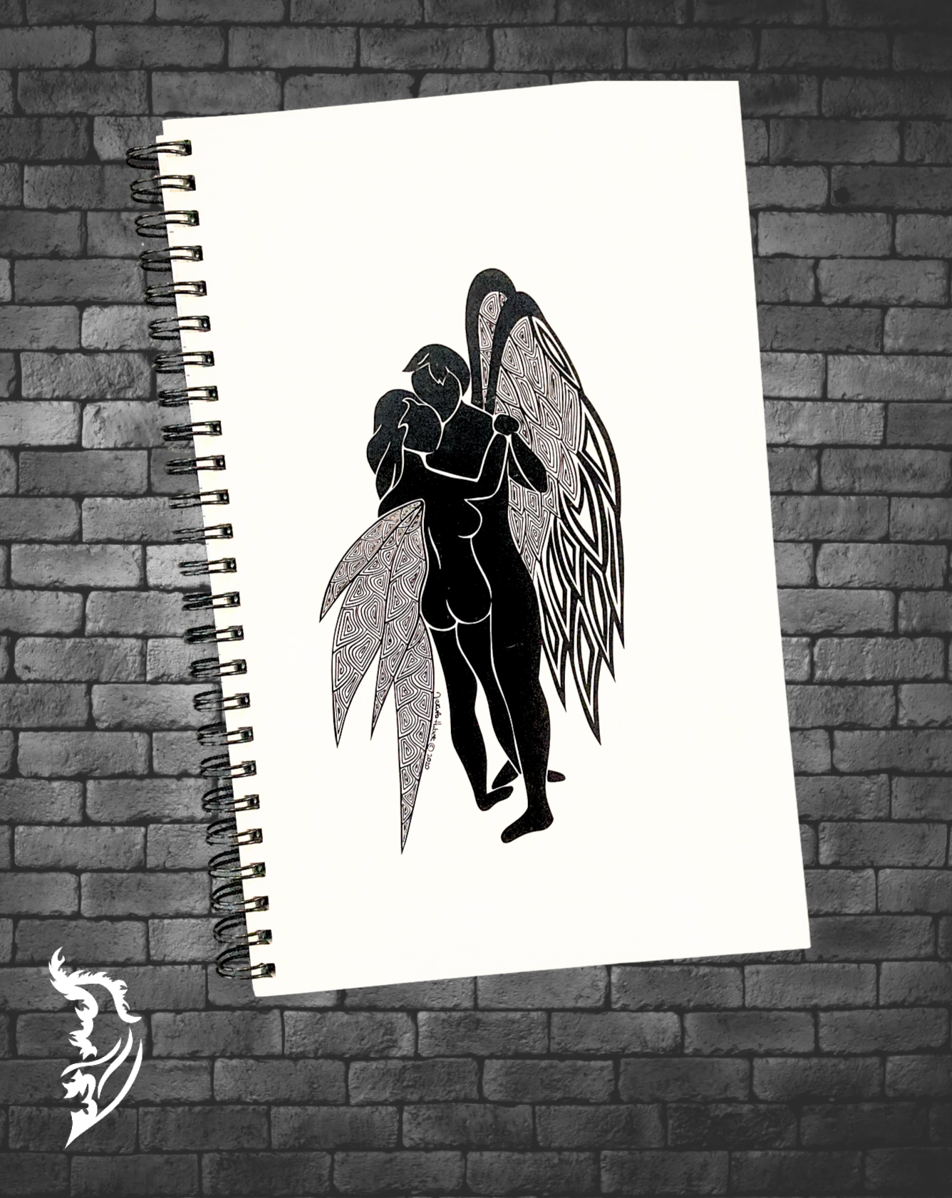 Front View of Journal - hand drawn design of two Angels dancing