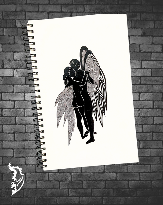 Front View of Journal - hand drawn design of two Angels dancing