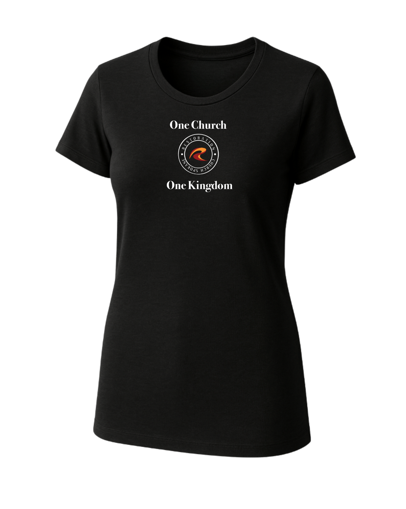Black Ladies fitted T-Shirt with One Church One Kingdom front center chest
