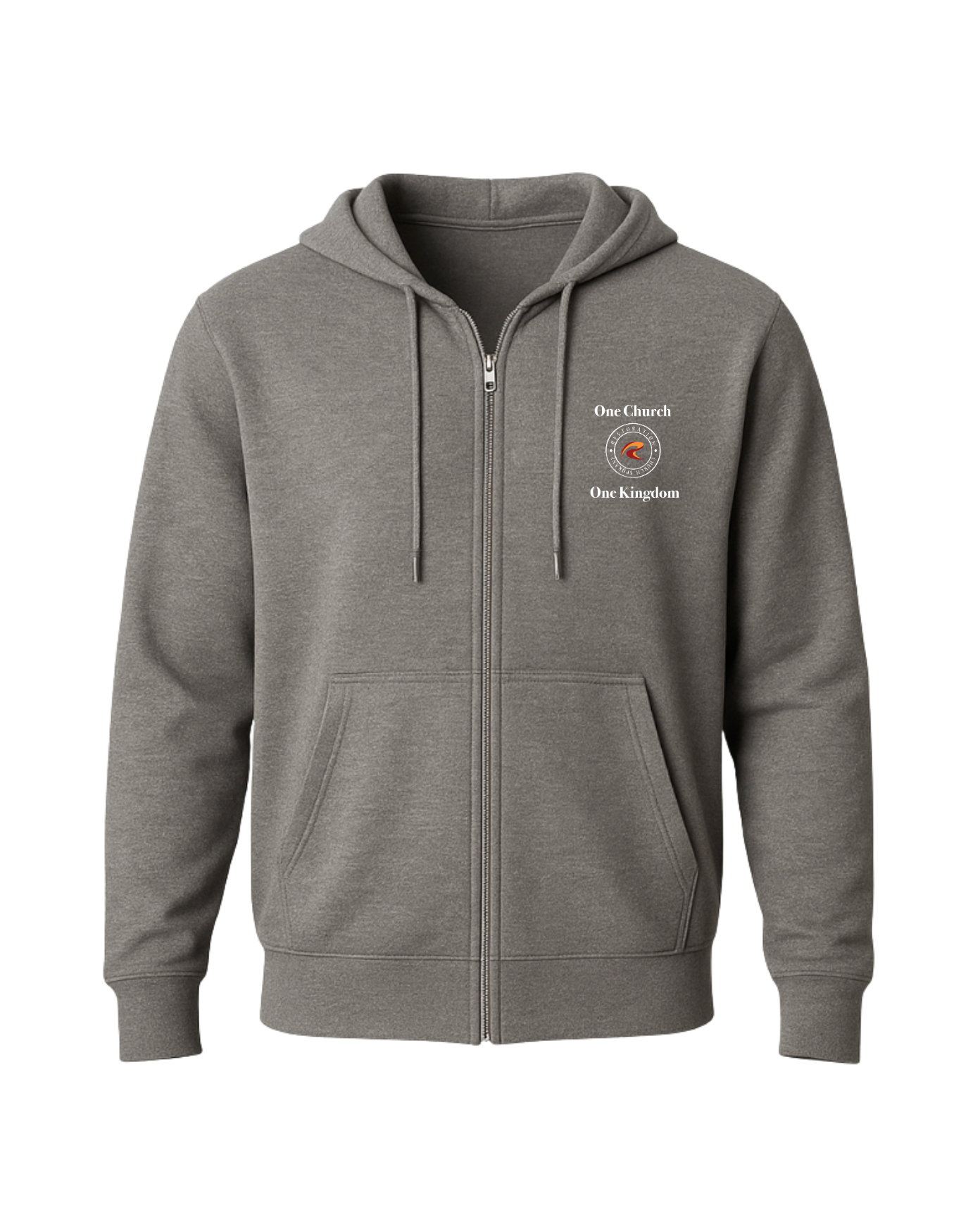 Charcoal Grey Zip Hoodie with One Church One Kingdom logo front left chest