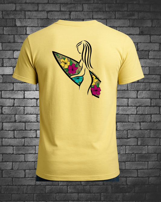 Yellow Men's T-Shirt with Hand-drawn Surfer girl holding Hawaiian themed surf board