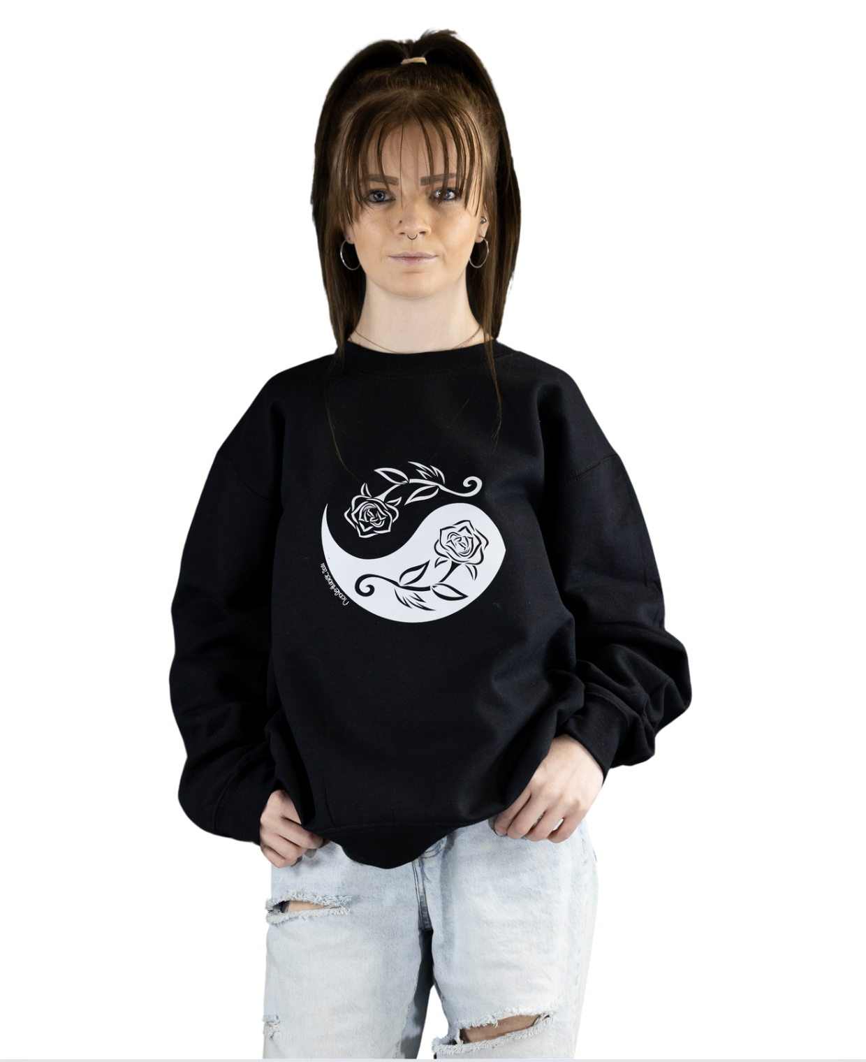White Rose Yin & Yang on front center of sweatshirt