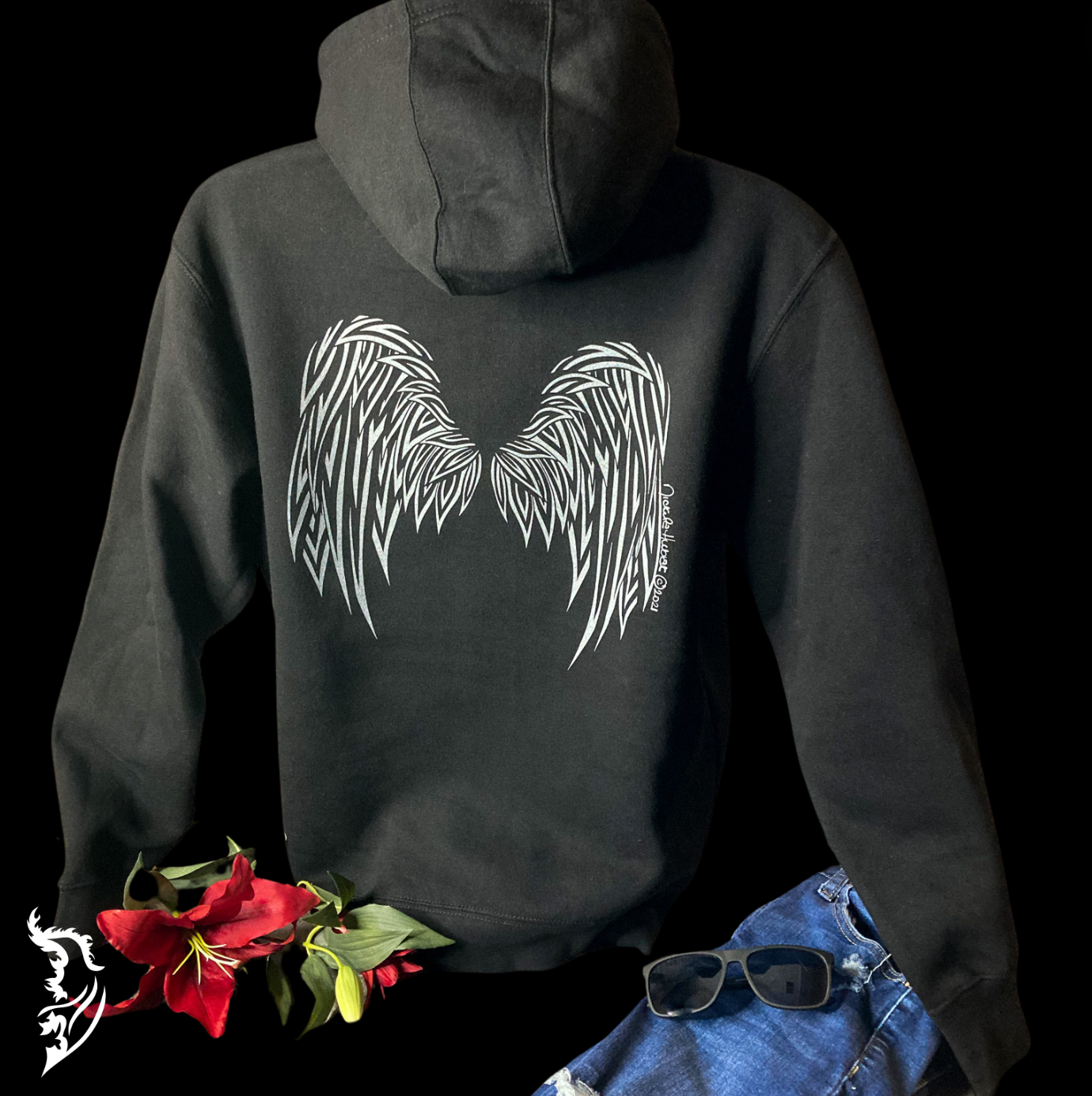 Guardian Angel Wings Hand-drawn Fleece-Lined Hoodie