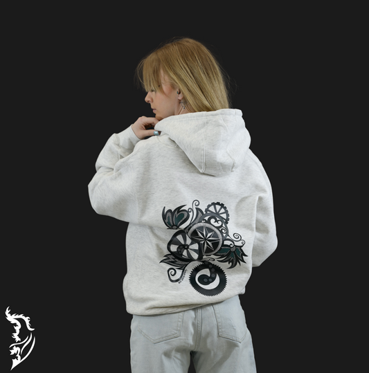 Gears & Flowers Zip Up Hand-drawn Hoodie