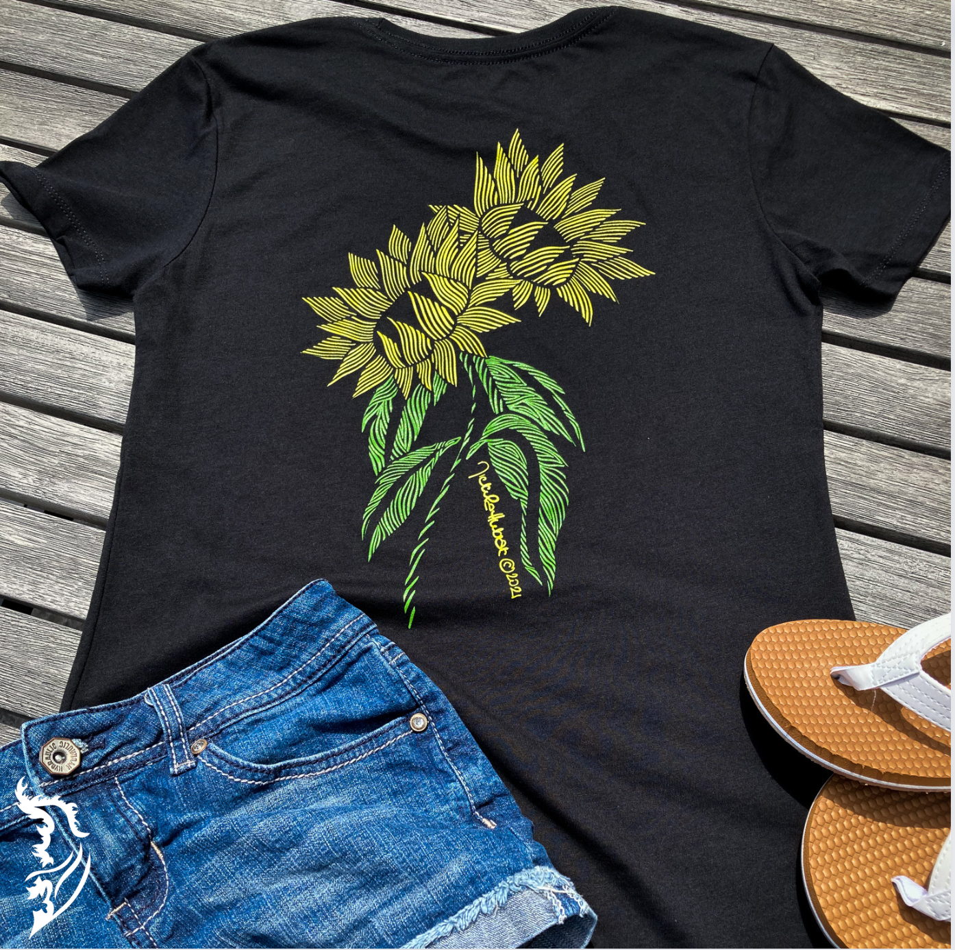 Sunflower (Black) Hand-drawn T-Shirt | Ladies