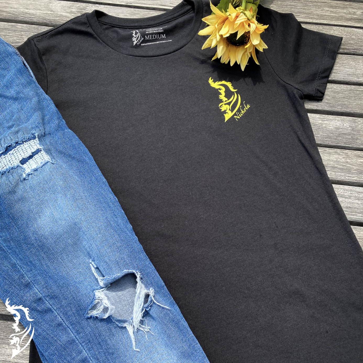 Sunflower (Black) Hand-drawn T-Shirt | Ladies