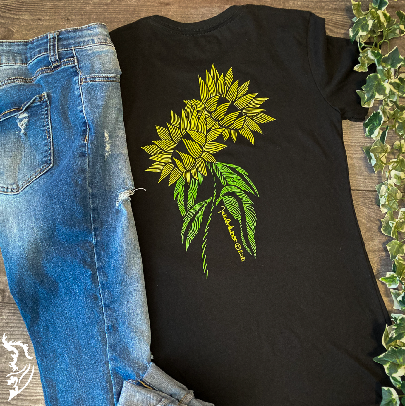 Sunflower (Black) Hand-drawn T-Shirt | Ladies