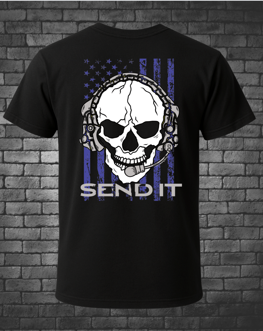 Back of black JTAC tribute T-shirt featuring a hand-drawn headset skull, distressed blue American flag, and ‘SEND IT’ lettering.