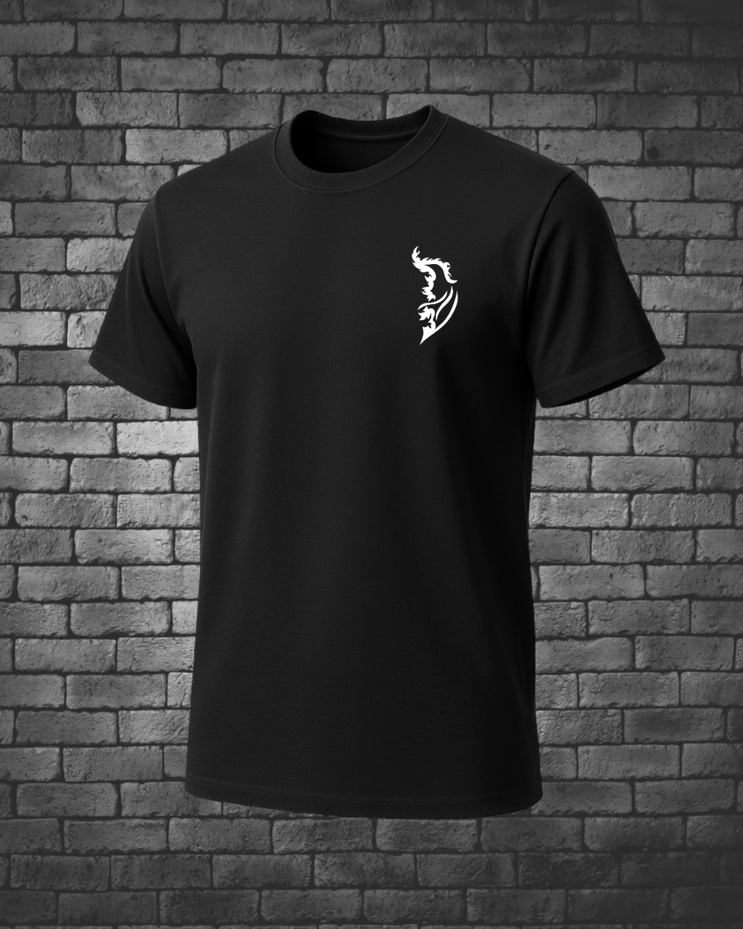 Front of black JTAC tribute T-shirt featuring a small white Street Style by Nickola angel-wing logo on the left chest.