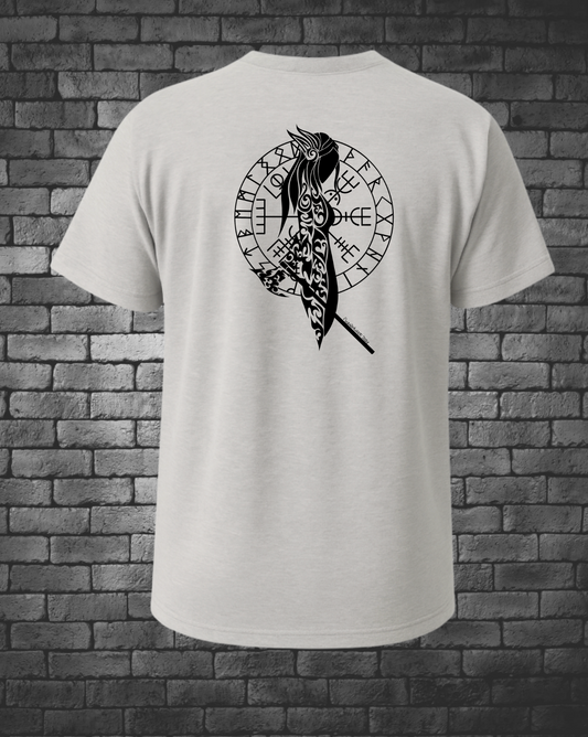 Hand-drawn Shield Maiden in front of viking compass on Silk colored T-shirt