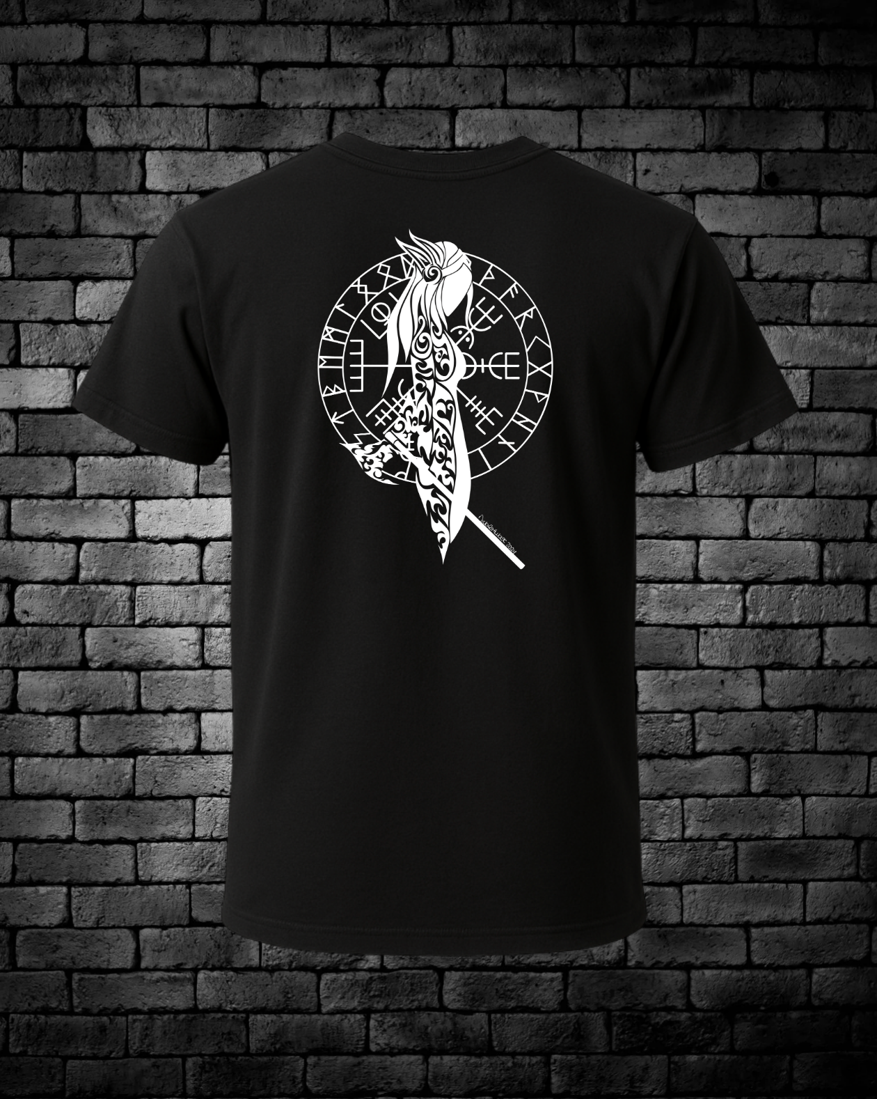 White Hand-drawn Shield Maiden with Axe in front of Viking Compass