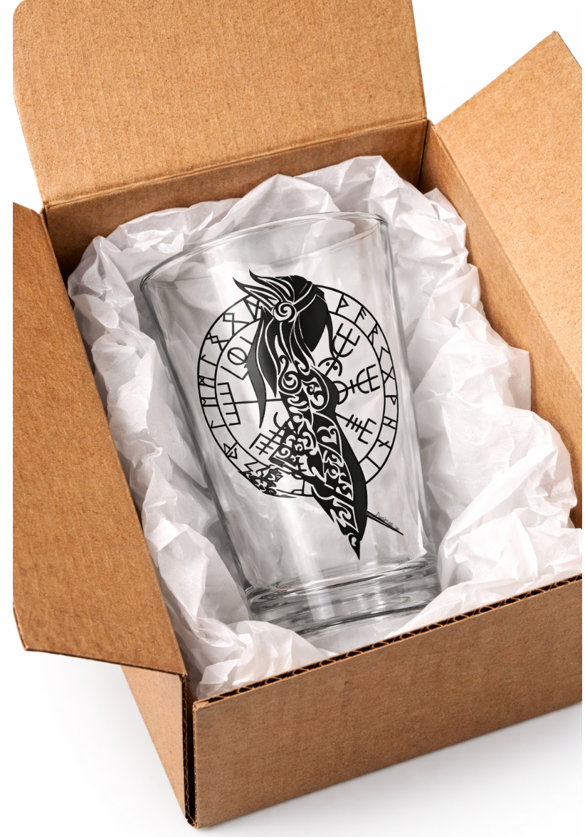 Shield Maiden pint glass packaged in tissue paper inside shipping box