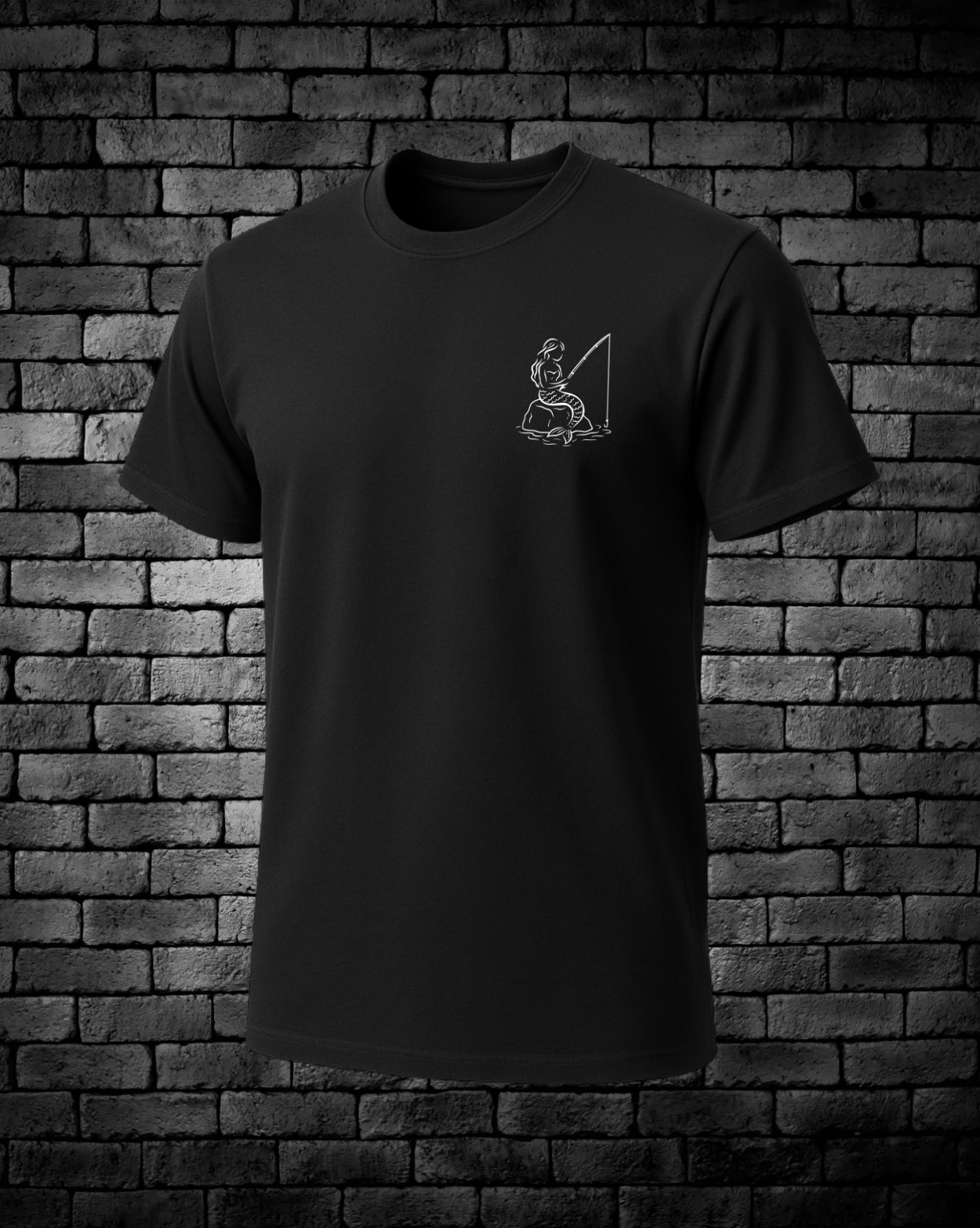 Hand-drawn Mermaid sitting on a rock with fishing pole logo in white