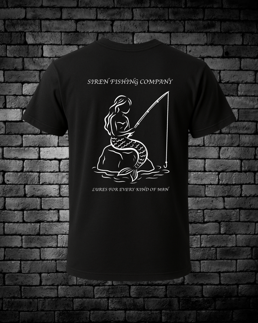 Mermaid sitting on a rock with a fishing pole. Siren Fishing Company - "Lures for every kind of man"