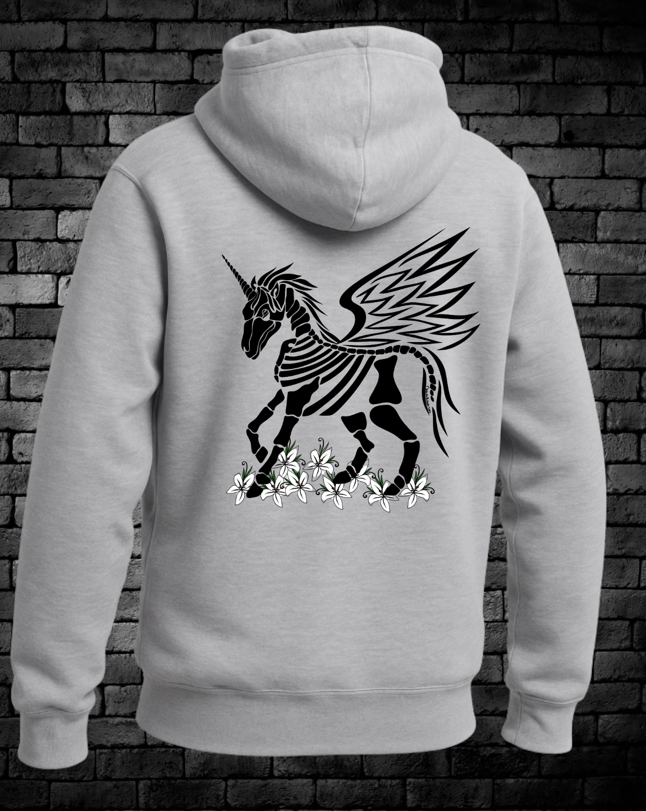 Hand-drawn Skeleton Unicorn with Wings that is walking through white flowers