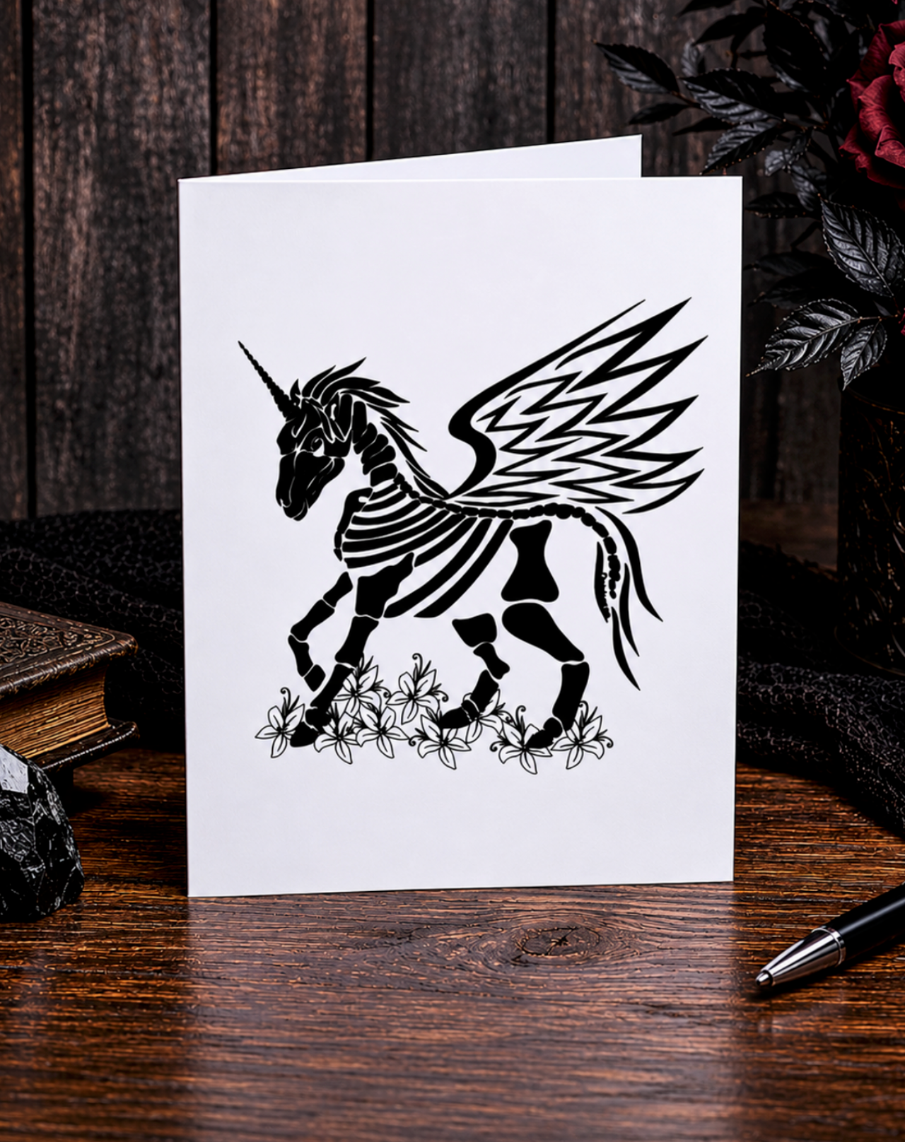 "Unicorn? Pegasus? Who knows! All we know is this hand-drawn cutie is part magic, part mischief, and 100% adorable (with a hint of spooky).