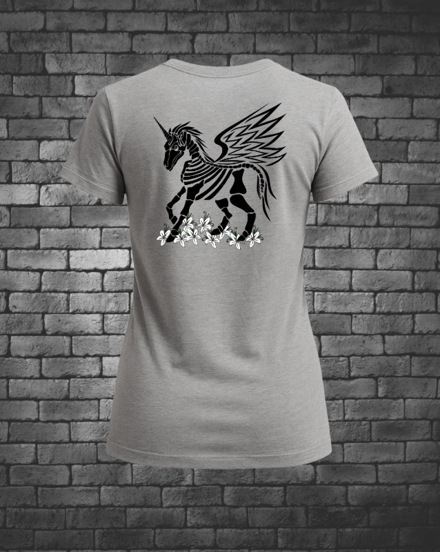 Women’s gray fitted T-shirt shown from the back, featuring a black hand-drawn skeleton unicorn/pegasus graphic with wings and small white flowers at the base, displayed against a brick wall background.
