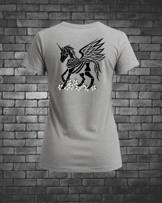 Heather Grey T-Shirt with Hand-drawn Skeleton Unicorn in black with wings walking on White Flowers