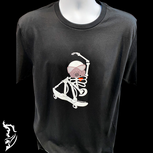 Close-up of a black T-shirt featuring a hand-drawn skeleton riding a skateboard. Story tag states "Skateboarding is not a crime" Author Unknown. Designed for self-expression, the artwork emphasizes individuality and a rebellious spirit. The fabric appears soft and breathable for a perfect casual look.