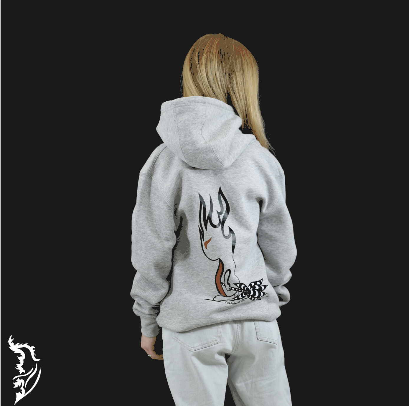 Hand-drawn Spark in center of hoodie dragging black and white checkered flower