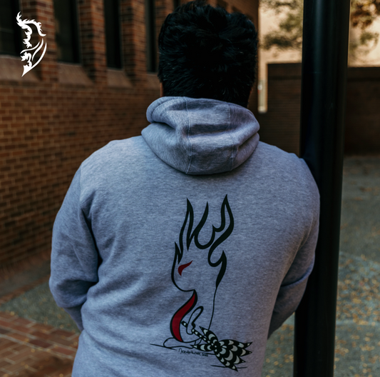 Hand-drawn hoodie featuring the Spark Fairy design on the back, showcasing unique, art-inspired clothing with intricate fairy artwork for a bold fashion statement.