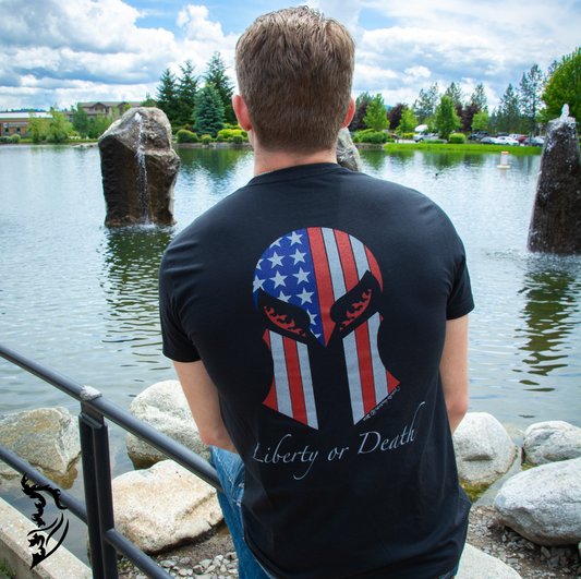 Back view of a men's tee featuring a  hand-drawn Spartan helmet masked by the American flag and 'Liberty or Death' text for a bold, patriotic statement.