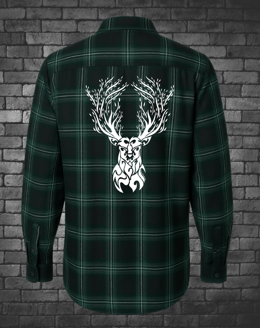 White Hand-drawn Stag on back center of flannel in white