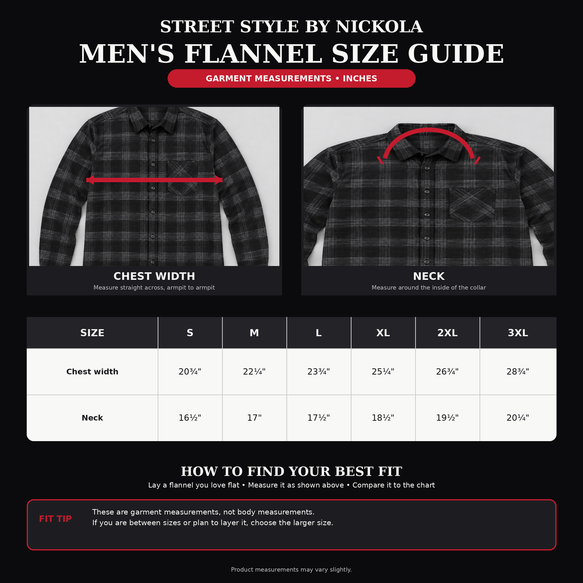 Men’s flannel size guide showing garment chest width and neck measurements in inches for sizes small through 3XL.
