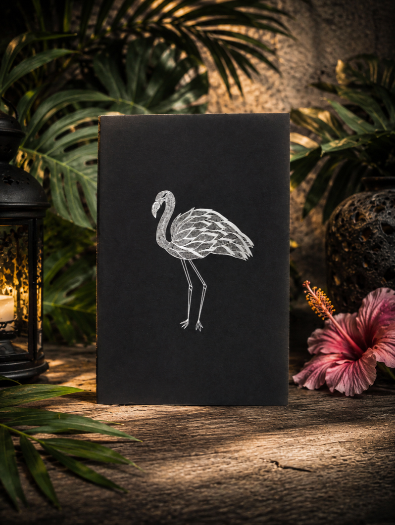 Black soft cover journal with hand-drawn Flamingo design by Street Style by Nickola